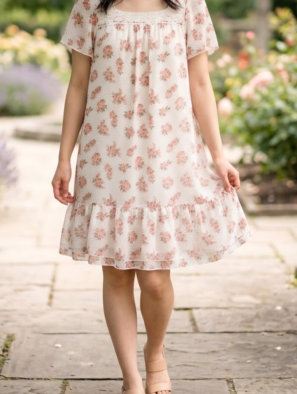 Floral Cream Dress with Pink Rose Print